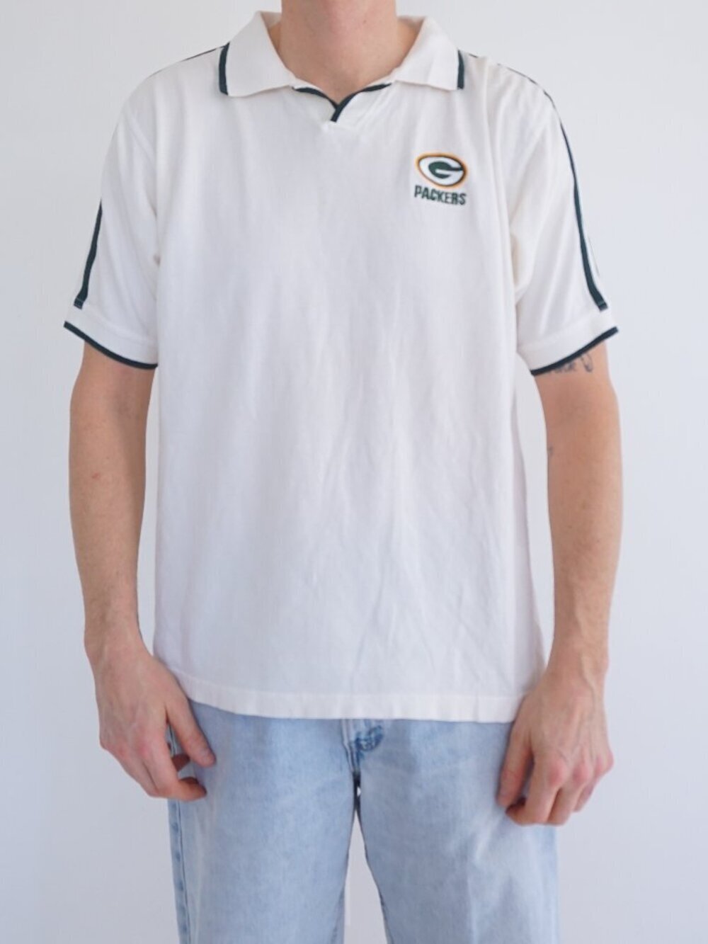Vintage Lee Sport White Green Bay Packers Logo Embroidered Cotton Polo Shirt M